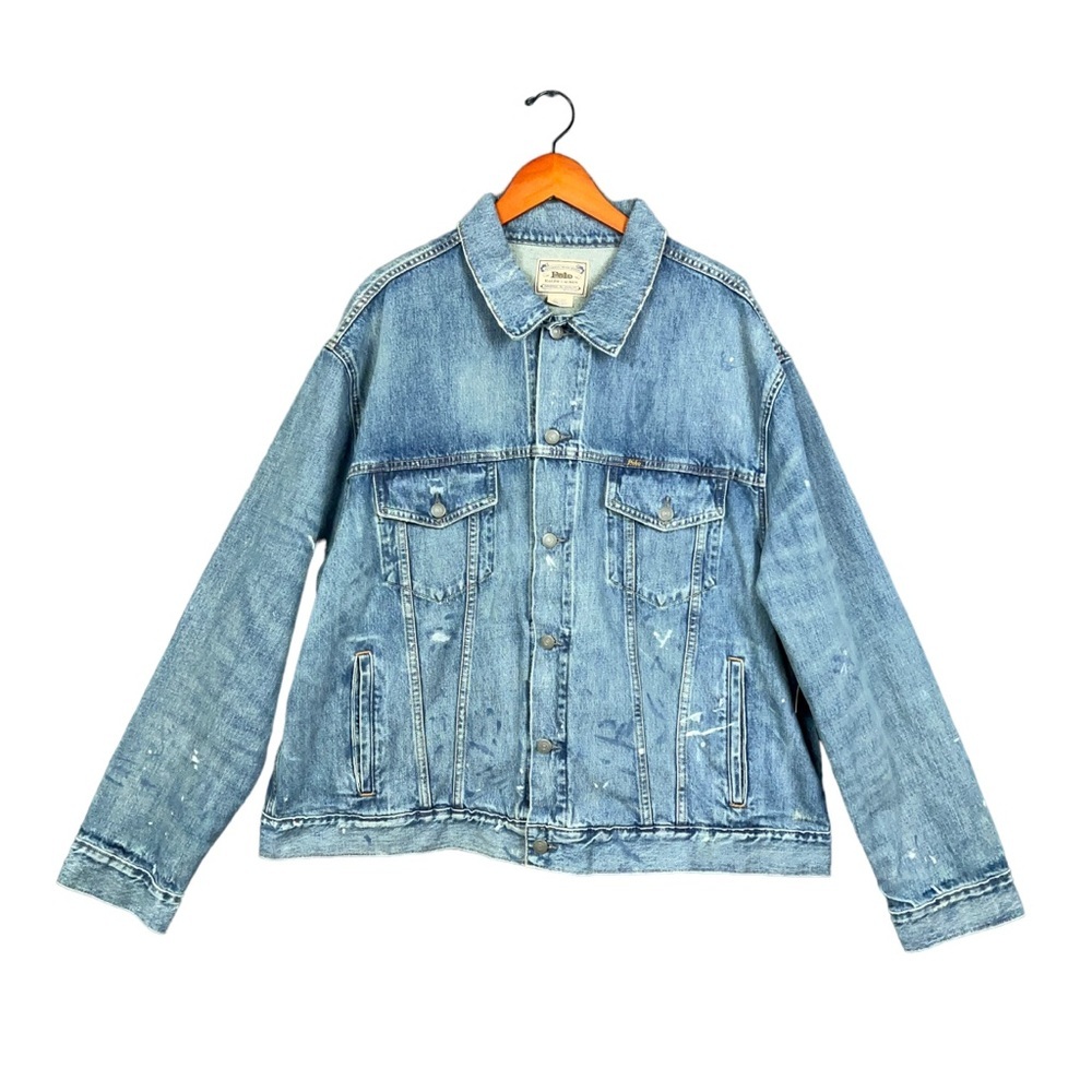 Polo Ralph Lauren Denim Jacket Mens Trucker Blue Distressed Paint Splatter 2XLT